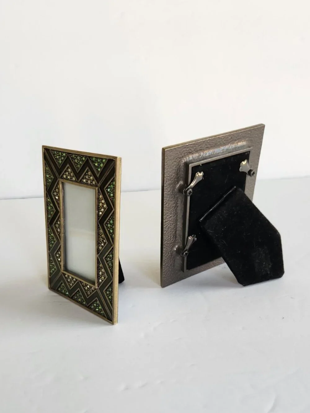 Set of 2 Mini Rhinestone Rectangle Metal Photo Frames Green Gold Chevron Design
